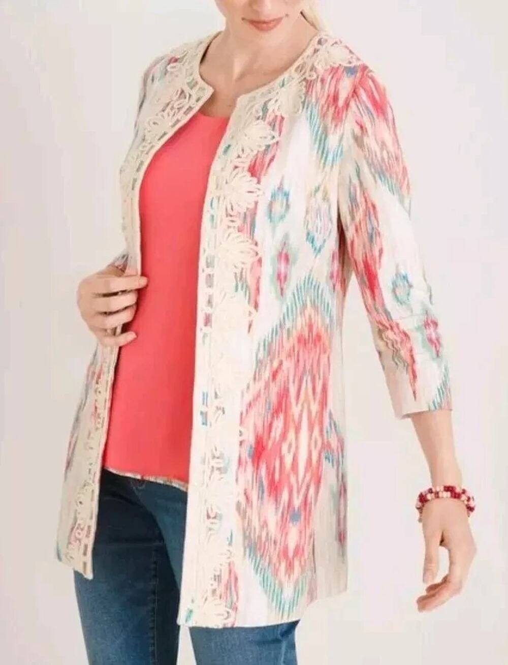 Chico’s Open Cardigan Women’s Size 2 (L) Soutache Trimmed Linen Jacket